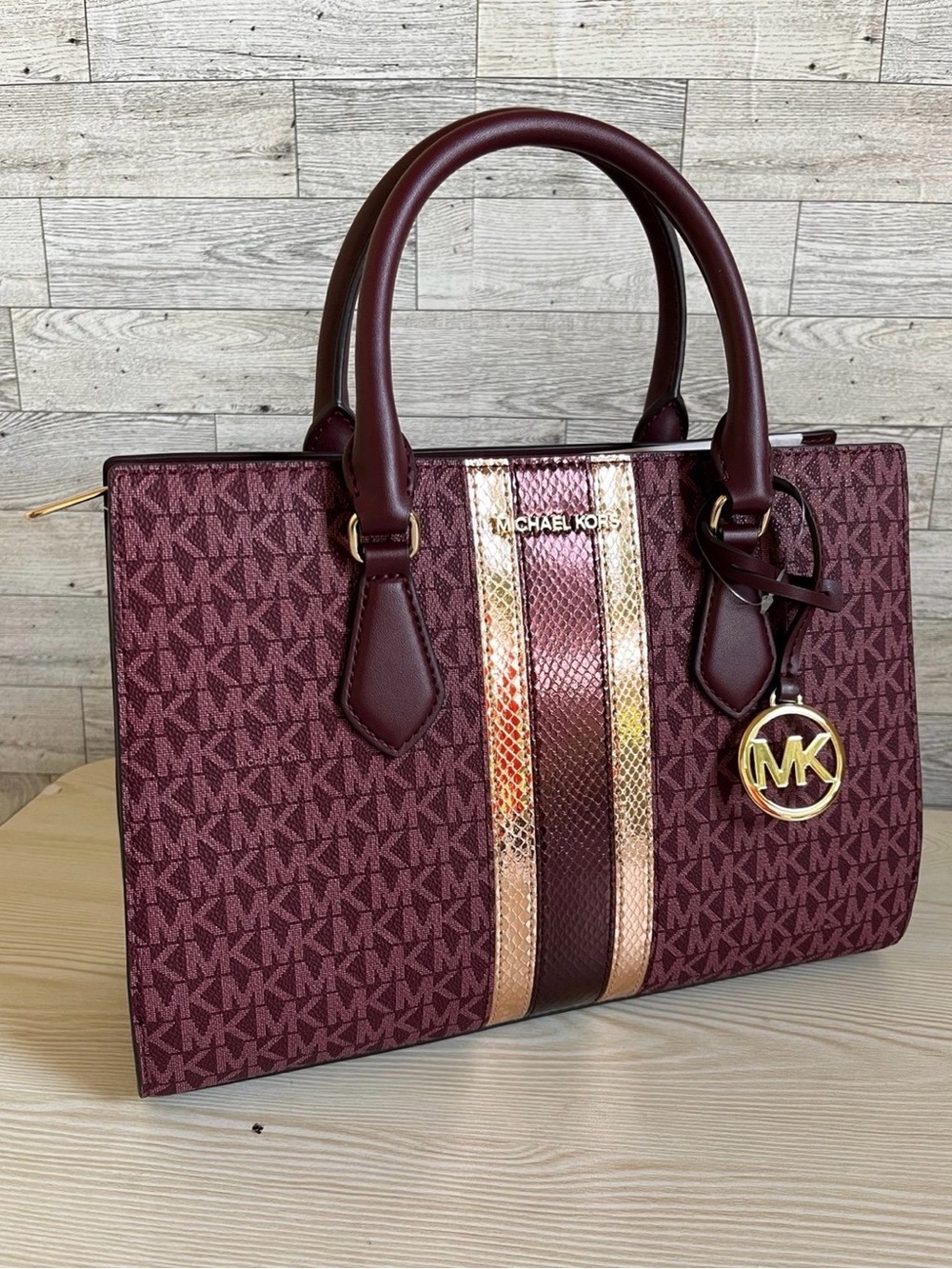 Michael Kors Burgundy and Gold Logo Tote with Center Stripe